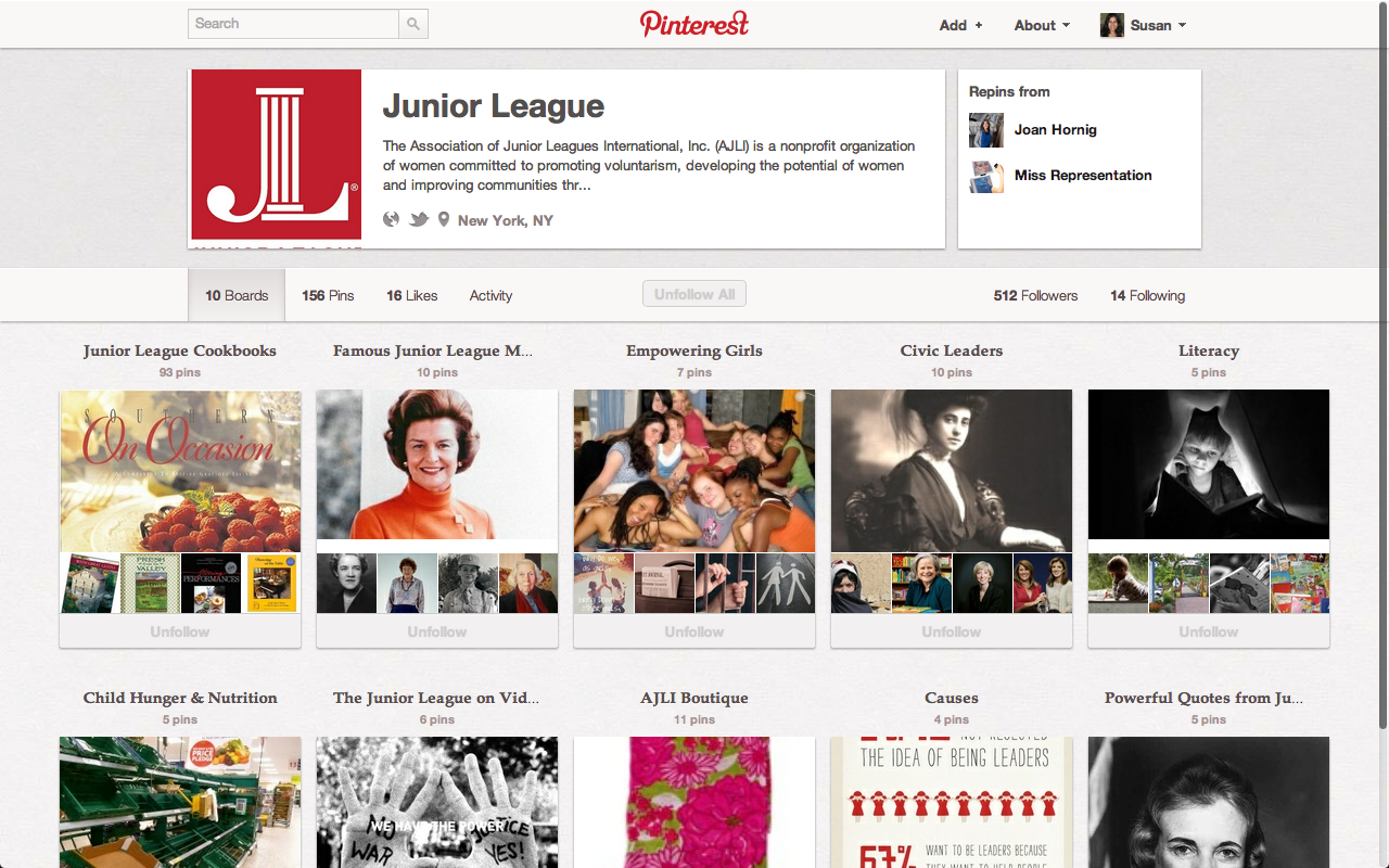 Social media example featuring Pinterest account of The Junior League